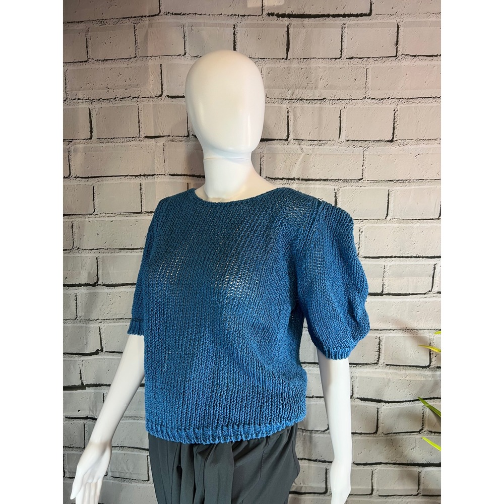 Vintage 80s Renee Tener Jeanne Pierre Blue Open Knit Sweater Top Medium Boxy